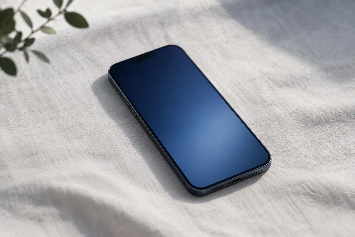 黒い机の上に置かれたスマートフォンを俯瞰した写真。